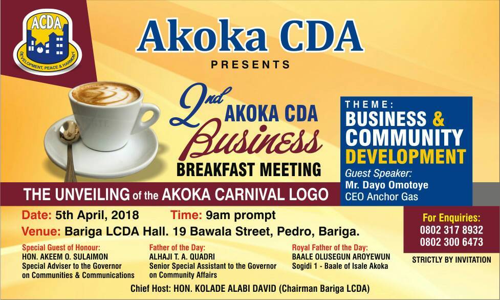 AKOKA CDA SET TO HOLD 2ND BUSINESS BREAKFAST MEETING, PLANS TO UNVEIL CARNIVAL LOGO thepageng.com/2018/04/05/ako…