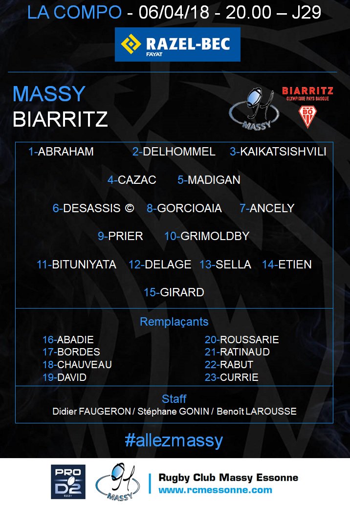 La COMPO pour le choc Massy - Biarritz <a href="/BOPBweb/">BOPBweb</a> demain 20h au Ladoumègue. Et grand fête du maintien évidemment 😎
#AllezMassy