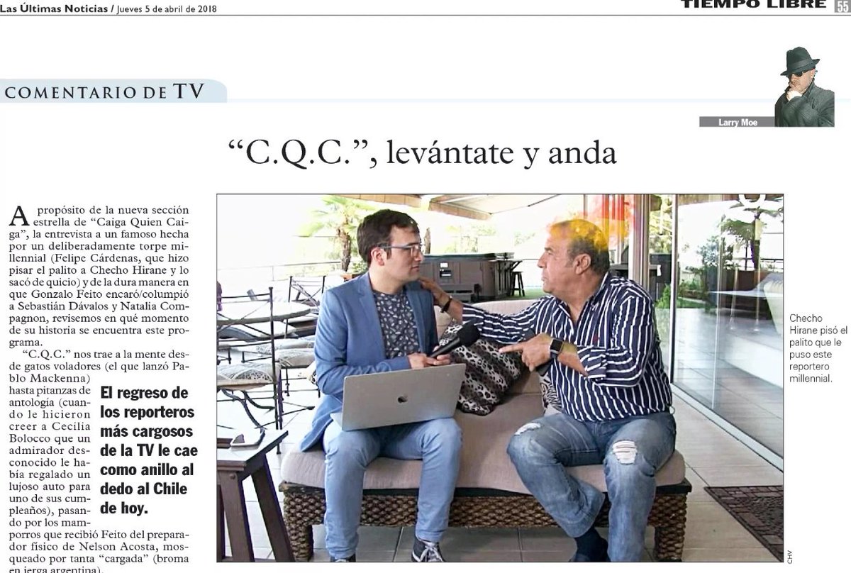 Hoy en <a href="/lun/">Las Últimas Noticias</a> <a href="/TheRealLarryMoe/">Larry23</a> analizó debut de <a href="/Regresocqc/">CQC Chile2018</a> destacando especialmente rol de <a href="/rafa_cavada/">Rafael Cavada</a> en el programa. En estudio Media Rostros 2017 los principales atributos de Rafael Cavada que destacan los encuestados son credibilidad, talento y estima.
