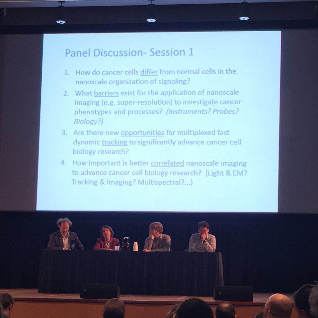 Ulrike_Boehm's tweet photo. Panel discussion about the potential &amp; challenges of #superresolution microscopy in #cancerresearch at @theNCI with @bewersdorflab, #DanielFletcher etc [1/2] https://t.co/xzRFcsbTaO
