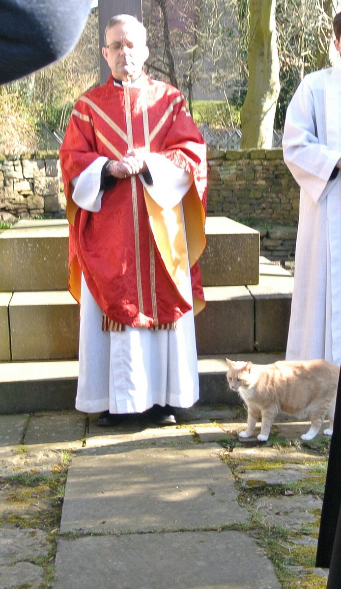 CoRMirfield's tweet image. And here is Dave himself (at Fr Ben's feet).  The only cat who wants to be a #Palm Sunday donkey #CoRHolyWeek