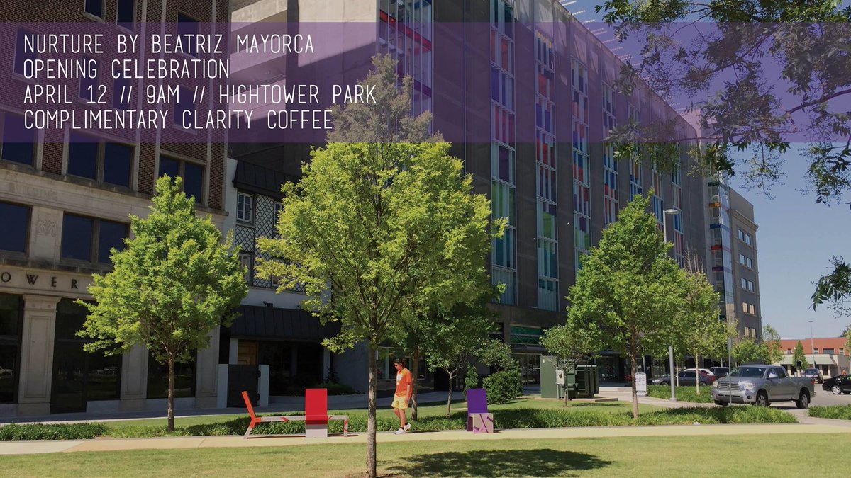 DowntownOKC's tweet photo. Join us next Thursday, April 12 as we celebrate the opening of #NurtureOKC, a sculptural seating project by @BeaMayorca. Free @ClarityCoffee and donuts from @brownsbakeryokc. #ArtistInvitational   https://t.co/GgM7w30Nlq https://t.co/7nuNnqgxOV
