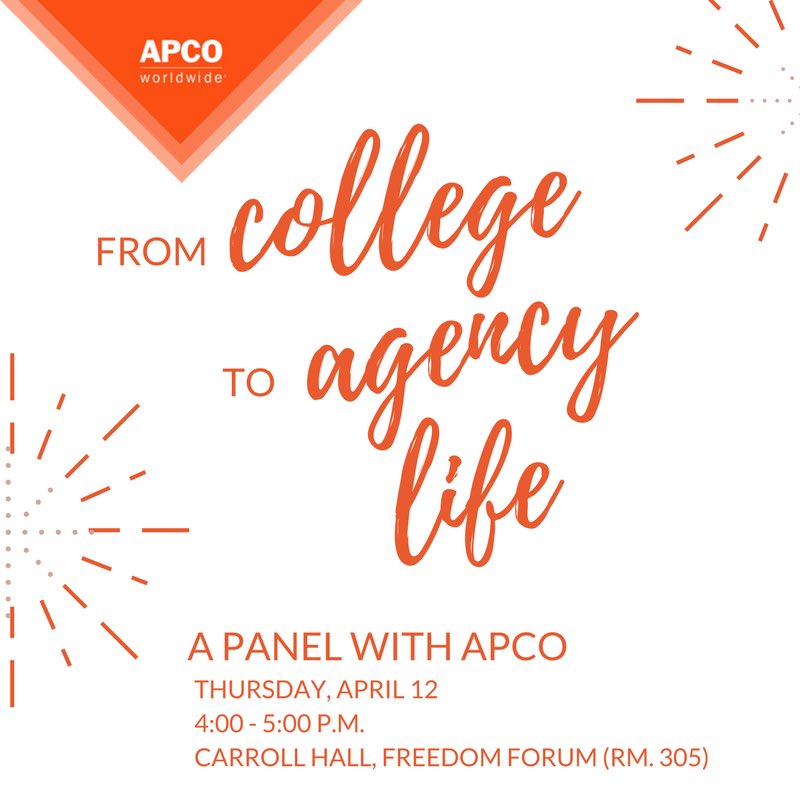 CarolinaPRSSA's tweet photo. Curious about starting your career in an agency? Join us at a panel featuring employees @apcoworldwide next Thursday at 4 p.m.! https://t.co/TssTNj5fxD