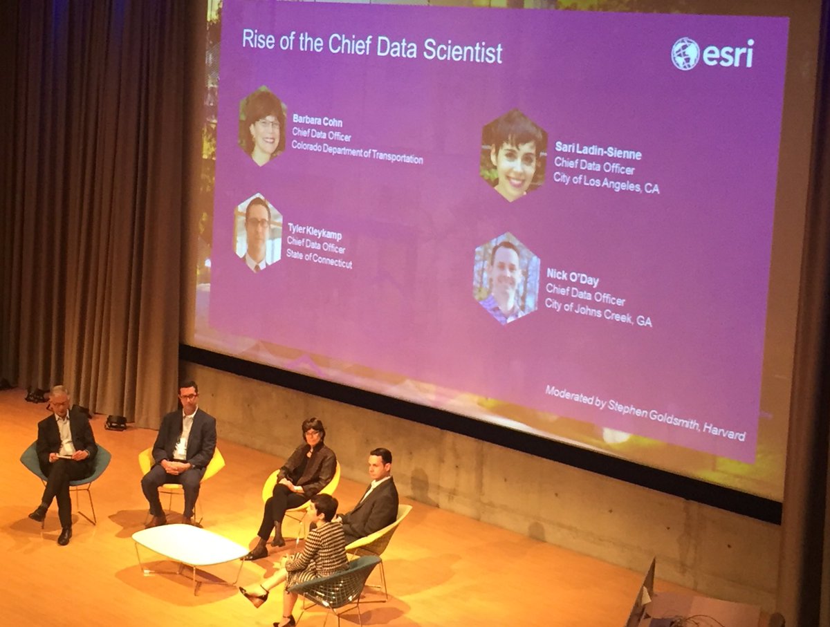 GIS_Advocate's tweet photo. Distinguished panel of Chief Data Officers-Colorado DOT, City of Slos Angeles CDO, State of Connecticut CDO, and the City of Johns Creek , GA CDO #esricio18 https://t.co/vVjv8oEi66