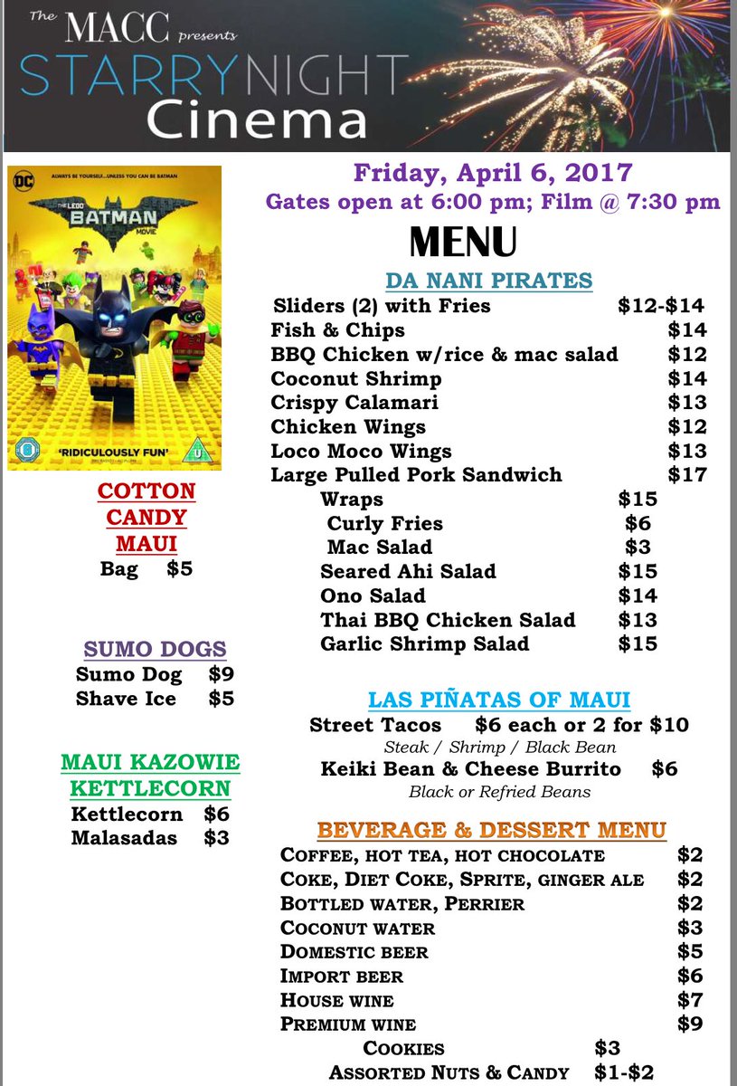 PinatasMaui's tweet photo. Join us this Friday April 6 @MauiArtsCulture for the most important film you’ll see this year! @LEGOBatmanMovie  We’re grilling up Steak and Shrimp #StreetTacos plus Keiki Burritos. #HitPinatas #Maui #Hawaii #BestMexWestOfTheBorder (PS The password is #IronManSucks) https://t.co/OCsR5oAX7i