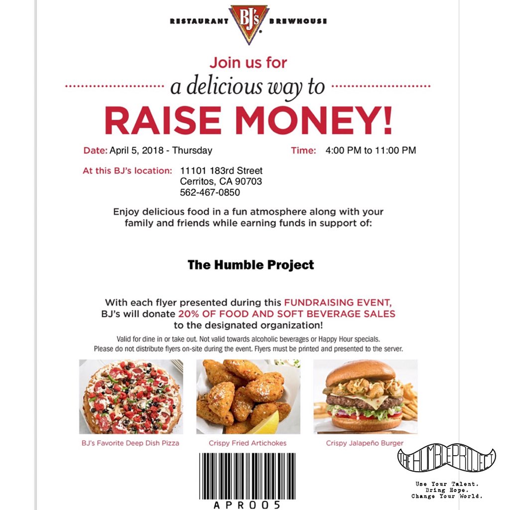 HumbleProjectLB's tweet photo. Come One....Come All! Today in Cerritos we will be enjoying BJs Finest foods and drinks. Tell a friend and bring even more! See you tonight! #StayHumble #StayHungry https://t.co/5dZKnpZN7O