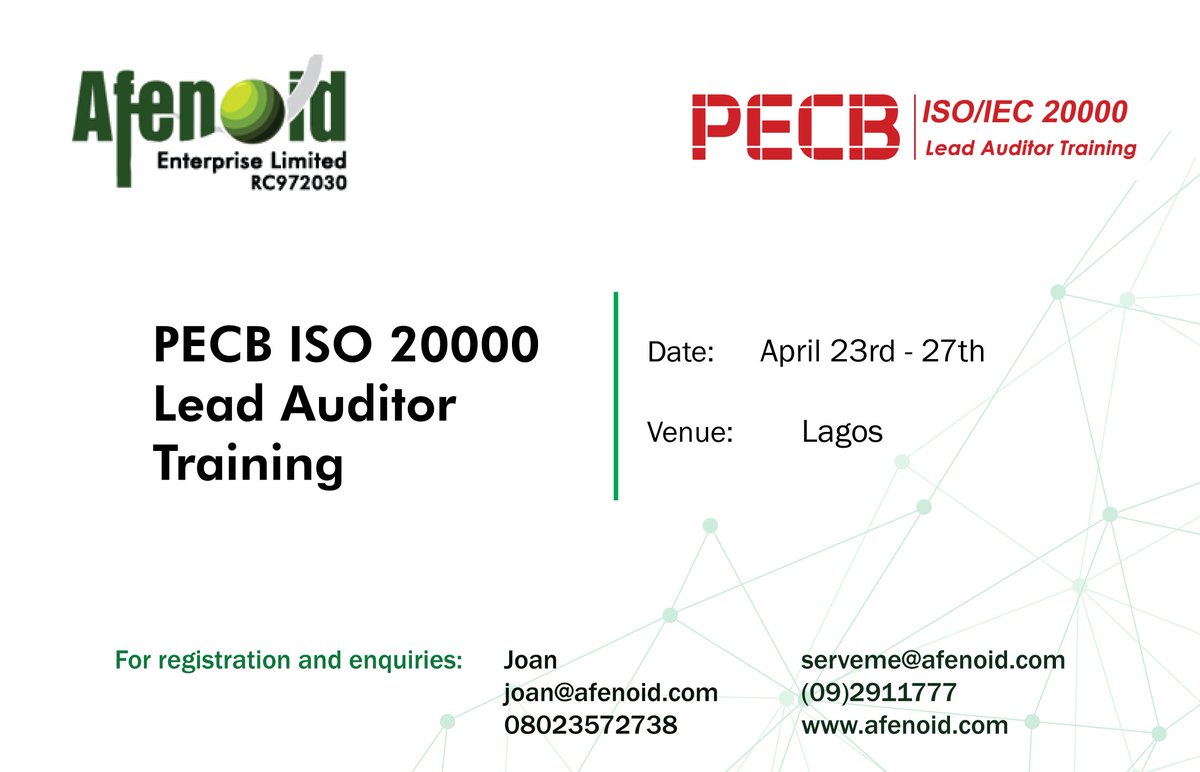 Afenoid's tweet photo. Join Afenoid's @PECB ISO 20000 Lead Auditor Training between April 23rd - 27th in Lagos.

#informationsecurity #cybersecurity #auditing #leading #PECB #ISO #auditor #iso20000
#training #itaudit #iso20000leadauditor https://t.co/I0PoA2nfqO