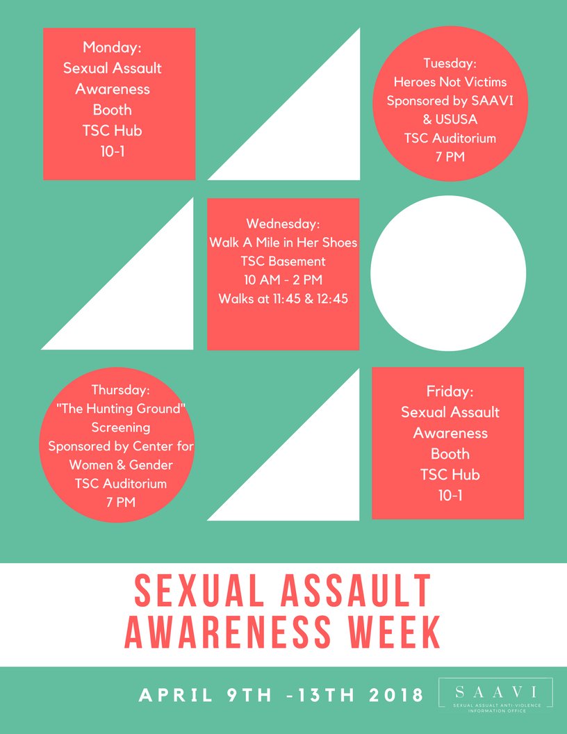 USUSAAVI's tweet photo. SAAVI is excited to announce the events for Sexual Assault Awareness Week! This Includes: Walk a Mile in Her Shoes,"The Hunting Ground" screening and Hero's Not Victims event Join us April 9th- 13th. https://t.co/9Uk29GRUJk