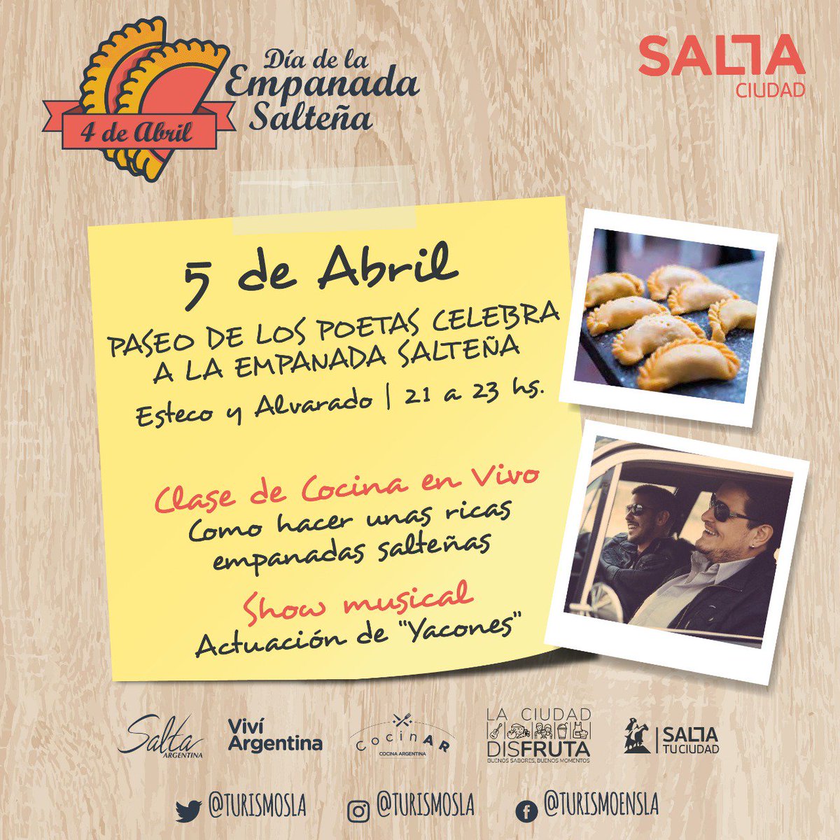 mepsalta's tweet photo. Hoy acercate a disfrutar la noche en el Paseo de los Poetas. Aprendé a preparar #EmpanadasSalteñas mientras escuchas la mejor música en vivo de la mano de @Yacones. Te esperamos para seguir celebrando el #DiaDeLaEmpanadaSalteña. #SaltaTuCiudad #SaenzGestion https://t.co/Kb6CWmsv31