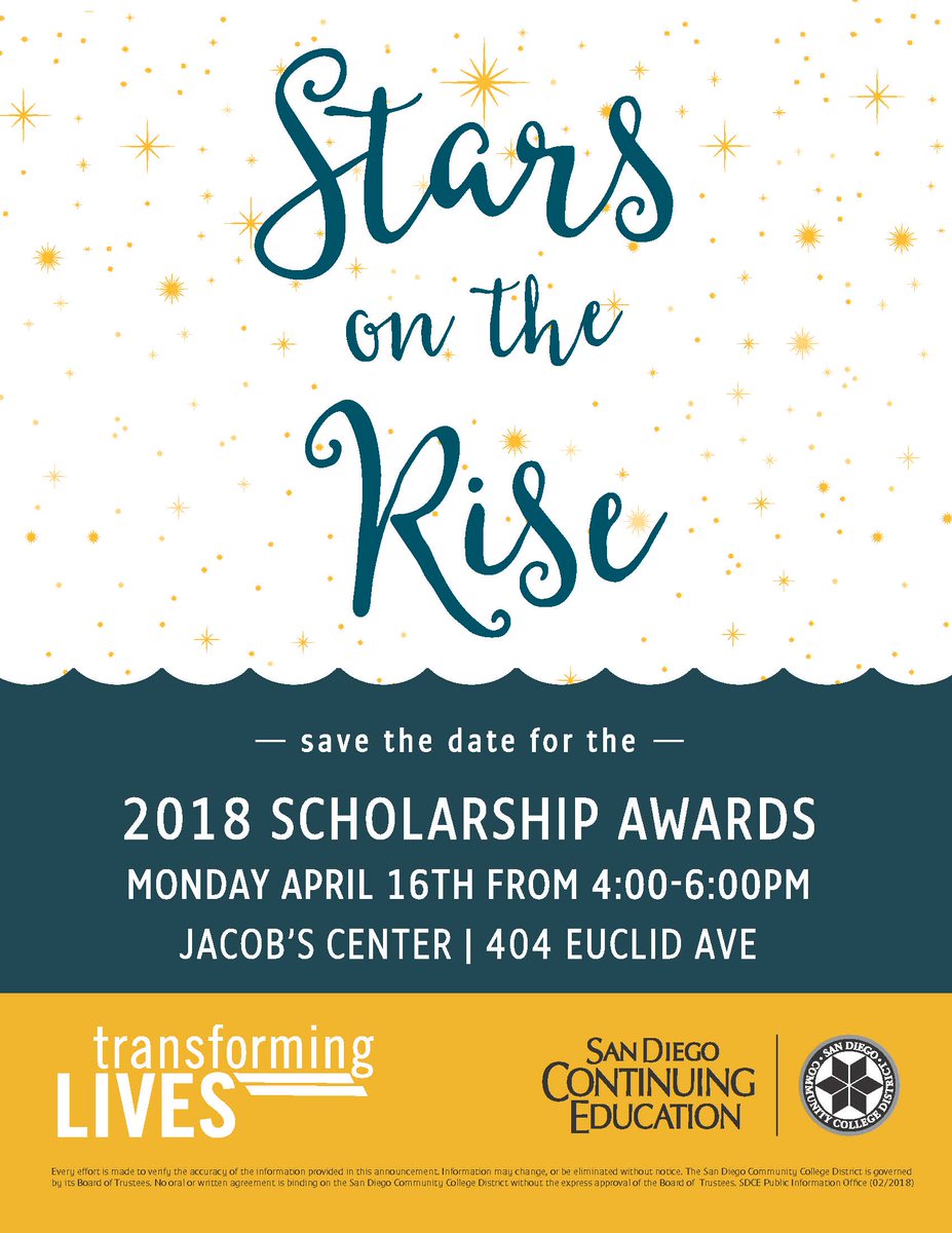 SDCCEEDU's tweet photo. SDCE’s annual Scholarship Awards will be held at the Jacobs Center on April 16. The Stars on the Rise ceremony will recognize students who excel academically and who understand the importance and value of giving back to the community. https://t.co/JcTsBR8sFc