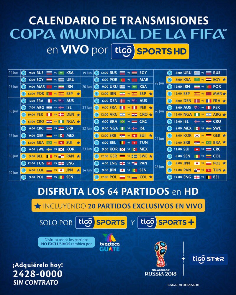 Tigo Sports GT on Twitter: "Te mostramos el calendario de transmisiones de los 64 partidos de la Copa de la Rusia ⚽️ ¡Lo disfrutarás VIVO Y EN HD