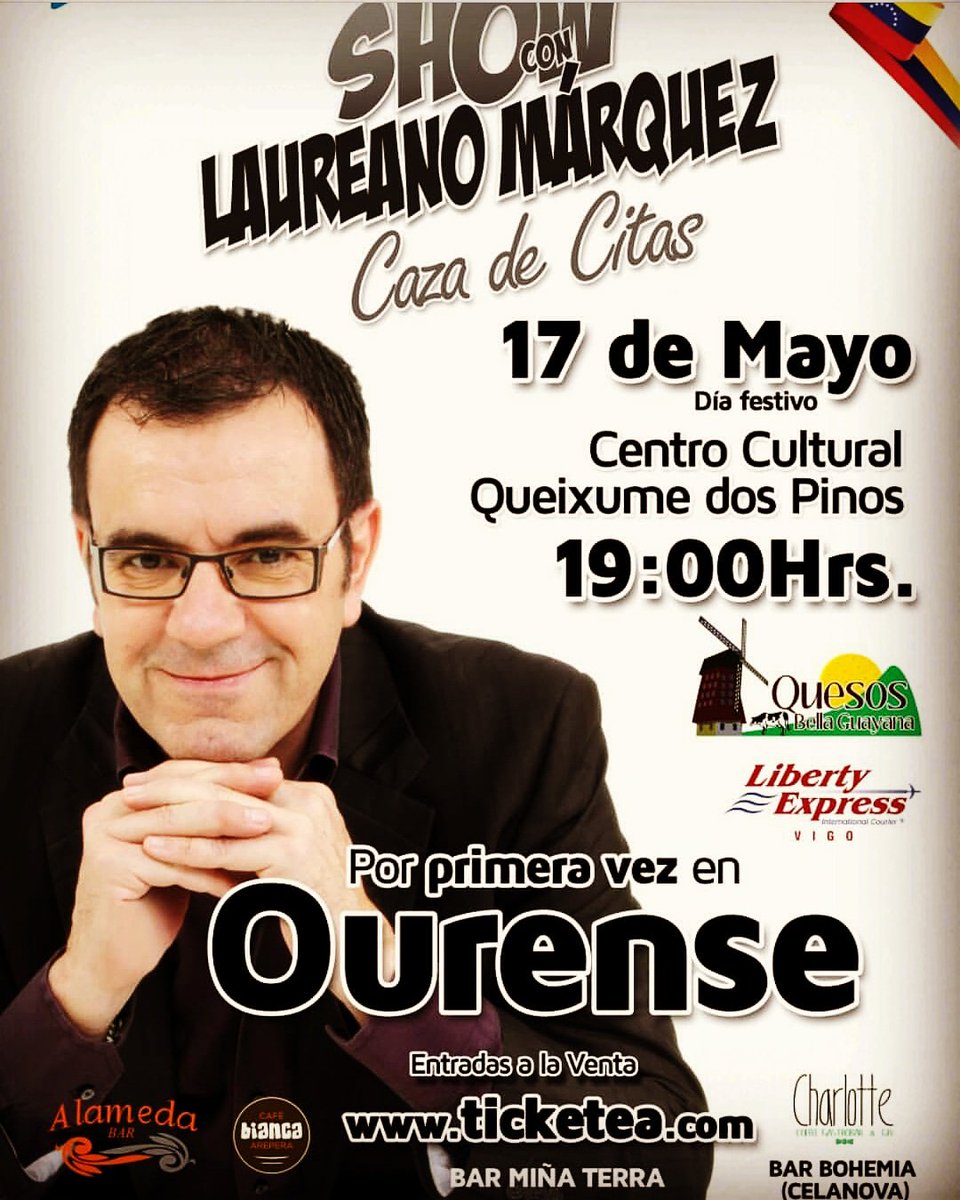 CafeBiancaOu's tweet photo. El gran humorista venezolano @laureanomar llega a #Ourense con su gira internacional de "caza de citas" y en @CafeBiancaOu podrás conseguir las entradas a precio de pre-venta desde ya!!!.

Ven compra tu #entrada y disfruta del sabor de nuestra #ComidaVenezolana https://t.co/SOUDwoBPIc