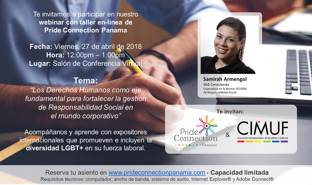 PrideConnectPA's tweet photo. Participa en nuestro webinar cortesía de @cimufpanama y aprende como tu empresa, pueden focalizar esfuerzos hacia el respeto de derechos de las personas #LGBTI, a través de las normas de #ResponsabilidadSocial | #RedEmpresarial #Panama | Registrate AQUI: https://t.co/Ef4UrrTXvF https://t.co/vW3xOG1tY9