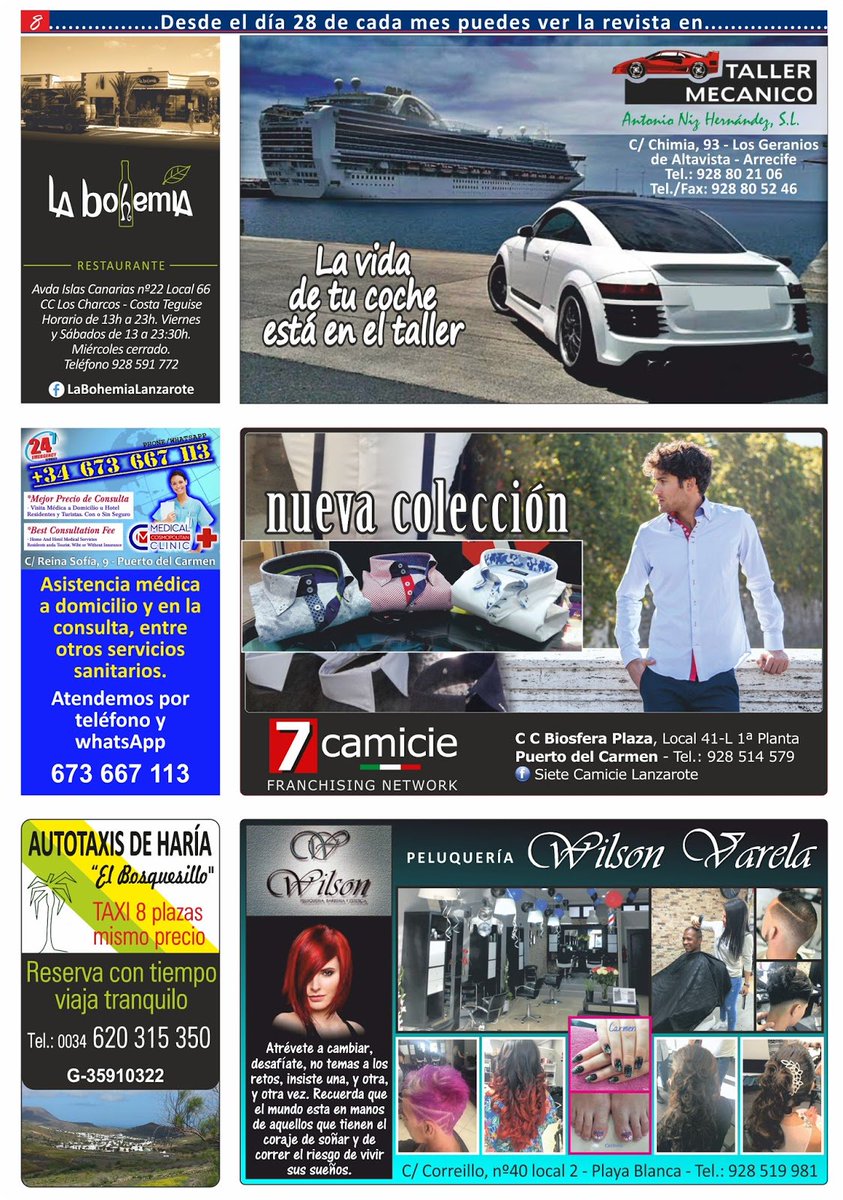 Inmocanarias's tweet photo. #revista #abril #pag8 #tonimotor
✖️ #restaurante
✖️ #tallermecanico
✖️ #Medical #Clinic
✖️ #7camicie
✖️ #taxis
✖️ #peluqueria Wilson
Revista completa en https://t.co/6zhxLdo3gK #lanzarote #publicidad #empresas #negocios #exclusividad #inmocanarias #revistadepublicidad https://t.co/nCzzJo5O2C