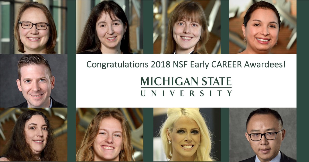 msuresearch's tweet photo. We are so pleased to announce that nine, yes nine, @michiganstateu research faculty, have received @NSF Early CAREER Awards for 2018. Learn more about their amazing work https://t.co/IENIWeghIp @MSU_NatSci @MSU_Egr_News @MSUComArtSci https://t.co/nBM8vxDfRf