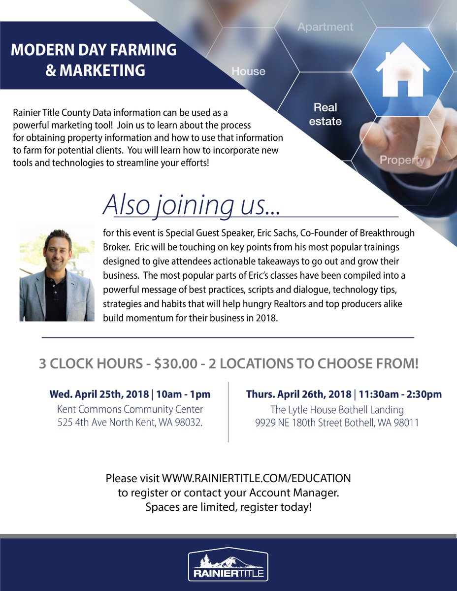 RainierTitle's tweet photo. Eric Sachs from Breakthrough Broker is coming to town Wed. April 25th and Thurs. April 26th… Don’t miss this opportunity to kick-start your 2nd Quarter, freshen up your prospecting techniques to GET LISTINGS for 2018 &amp; BE INSPIRED!!!
#rainier #title #escrow  #ericsachs https://t.co/byG8Lqan04