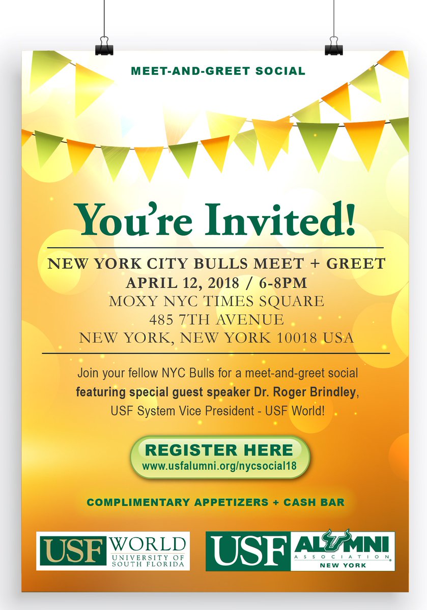 USFalumniAssn's tweet image. You're invited to the @USFNYC Meet + Greet April 12, featuring #USFWorld System Vice President Dr. Roger Brindley. Don't miss the chance to connect with fellow #NYC Bulls! REGISTER: bit.ly/2GtKfLJ