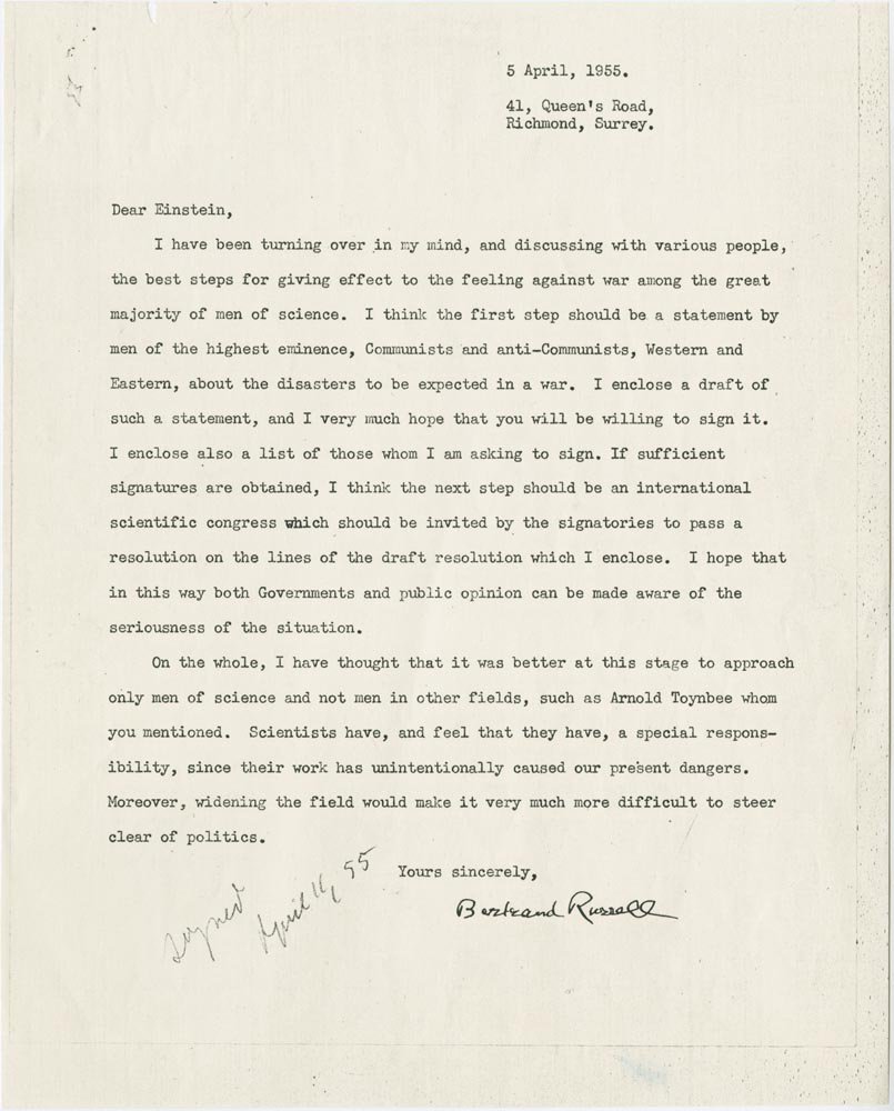 NobelPrize's tweet photo. On 5 April 1955, Literature Laureate Bertrand Russell wrote to Physics Laureate Albert Einstein to ask for his support in standing up against nuclear weapons. 

Einstein agreed, leading to the Russell-Einstein Manifesto, which the scientist signed just days before his death. https://t.co/KizXdsGE4U