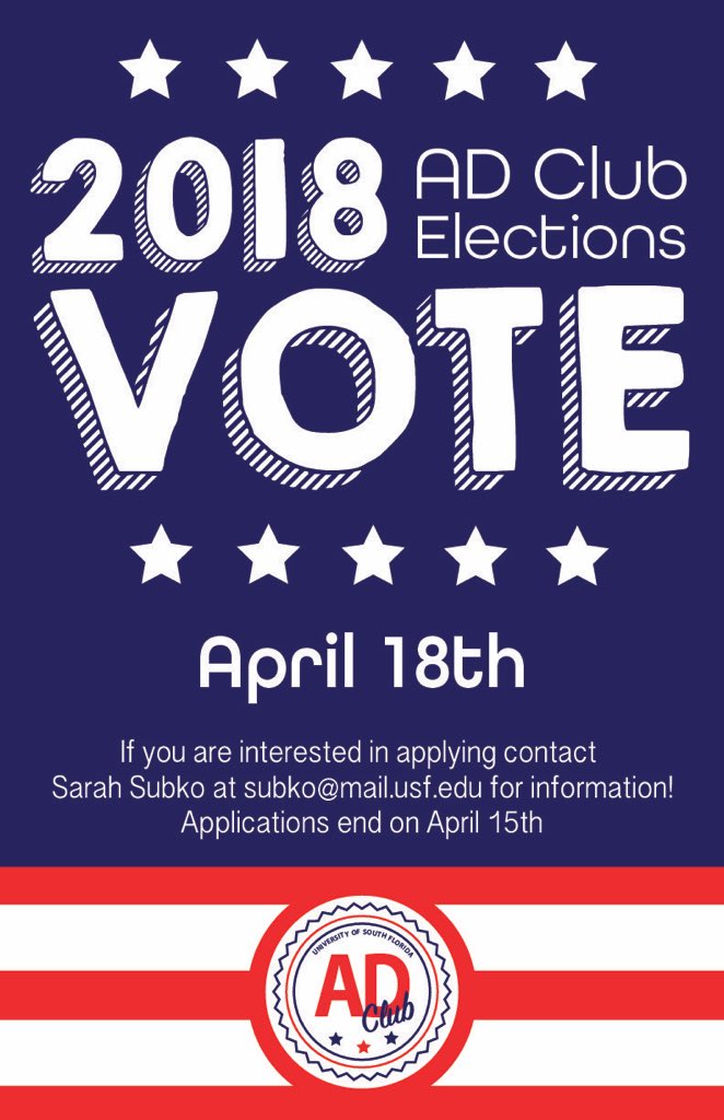 USF_AdClub's tweet photo. Election for the USF Ad Club Executive Board is right around the corner!! We need creative and dedicated students to keep our traditions running!

The positions are:
• Vice President
• Director of Social Media
• Director of Design
• Director of Membership
• Treasurer https://t.co/TWzPNEJgwV