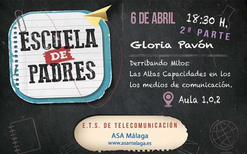 ASAMalaga's tweet photo. 6 de Abril
#Escueladepadres con Gloria Pavón; "Derribando Mitos: Las Altas Capacidades en los medios de comunicación."
#AltasCapacidades #Sobredotación #TalentoSimple #TalentoComplejo #YoAtiendoLasAaCc #VeamosLasAltasCapacidadesATiempo #DerribandoMitos https://t.co/zGDQjC6Nii