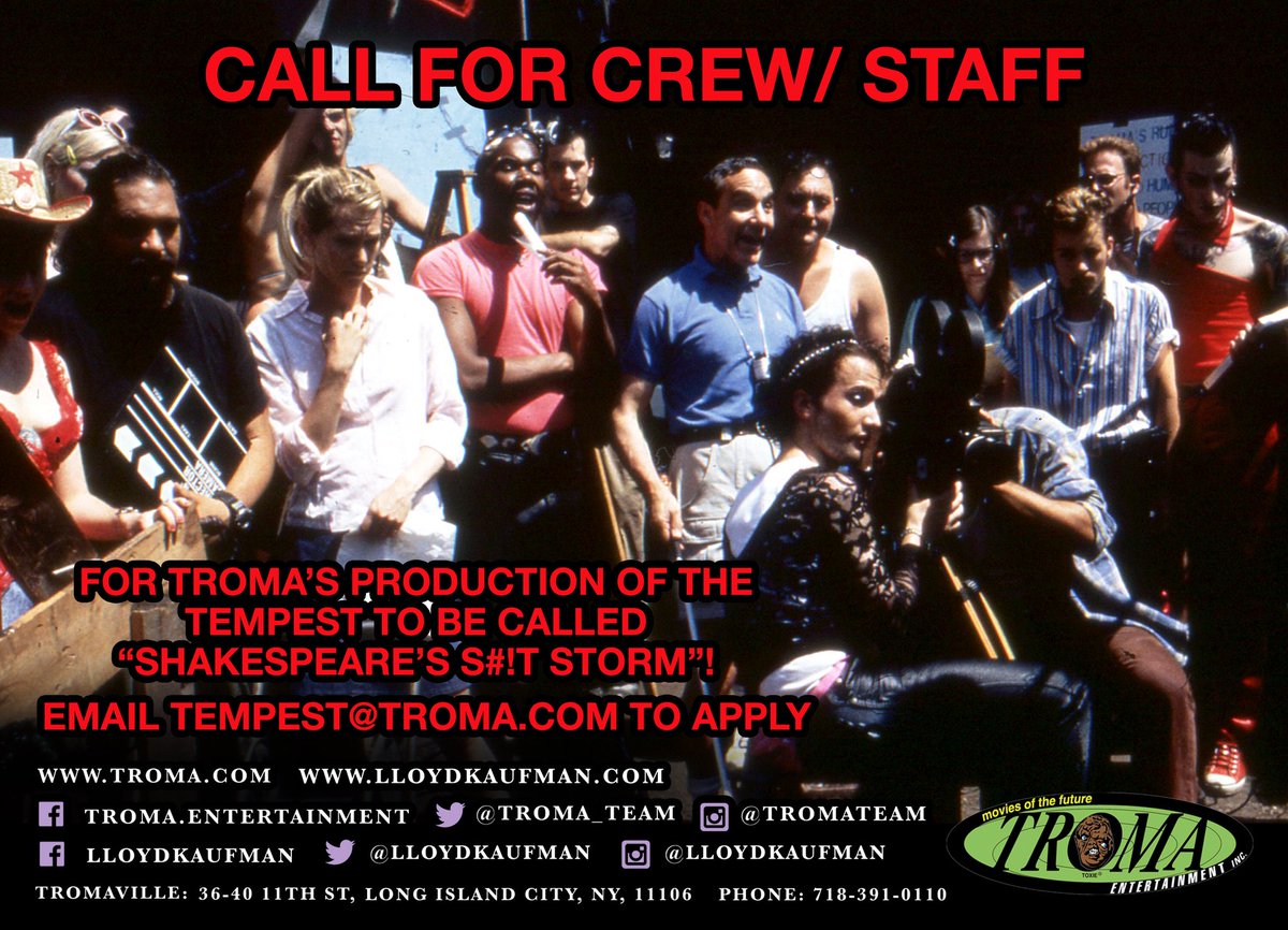 lloydkaufman's tweet photo. Casting and calling for crew! Do it for #art #ArtisticThursday low pay/nopay Be part of our community! @Troma_Team My Last Movie! https://t.co/jUNgCUcxWk