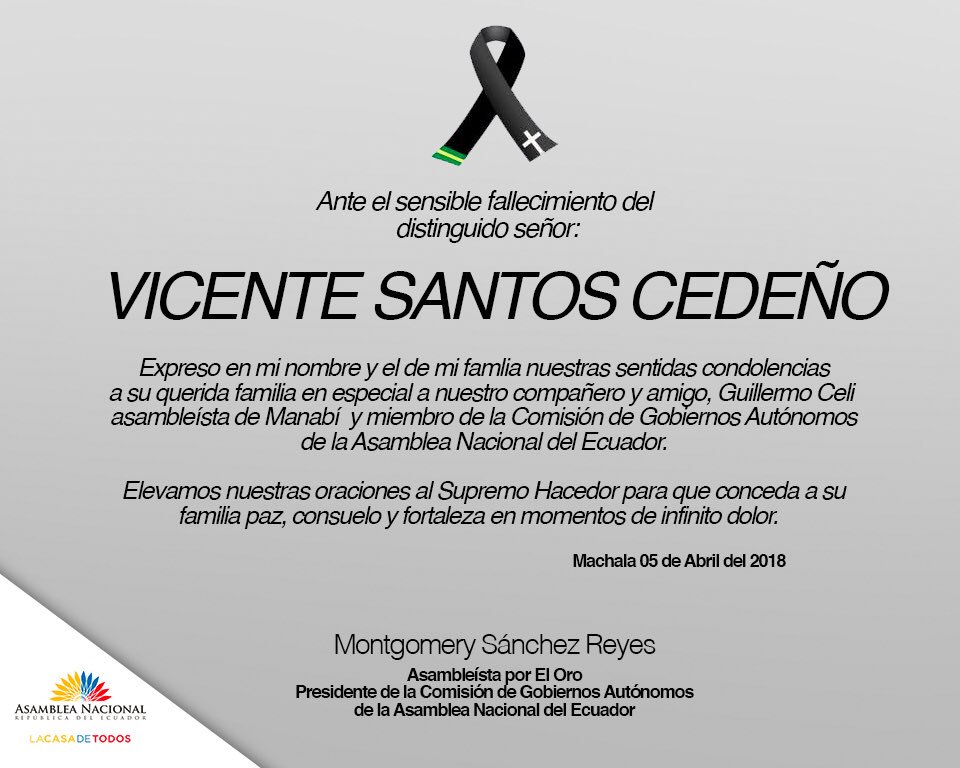 MongoSanchezR's tweet photo. Lamentamos el fallecimiento del Sr. Vicente Santos Cedeño, tío de nuestro compañero y amigo de la Comisión de @GobAutonomosAN @GuillermoCeli.

En nombre de mi familia y de los miembros de la Comisión expresamos nuestras sentidas condolencias. https://t.co/bbimgyg0fr