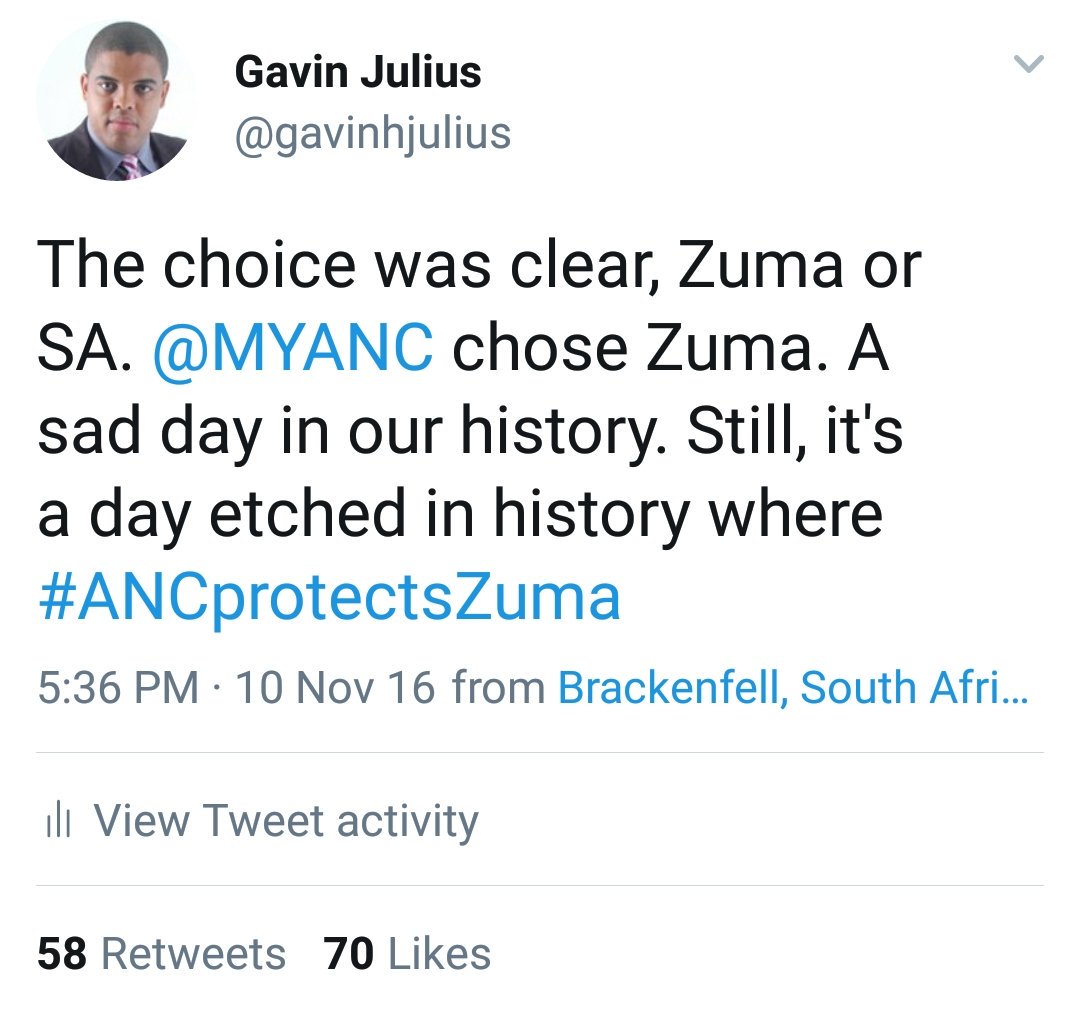 gavinhjulius's tweet photo. @MYANC 10 November 2016. Save the date. Don't forget how you took "Collective Accountability" when @Our_DA raised a Motion of No Confidence. Why are you distancing yourself from #Zuma and #ZumaCharges now? Choose him again. Protect him. Shield him. You are clearly divided. https://t.co/p2UibYOWTf