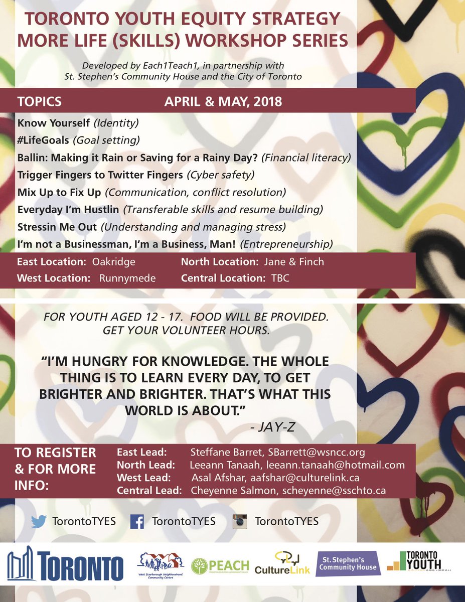 CLinkYouth's tweet photo. Starting this spring, #TorontoTYES More Life (Skills) workshop series will be up and running in 4 quadrants of the City. Workshops are geared towards #youth aged 12-17. For more information about programs in the West-end, contact Asal, aafshar@culturelink.ca https://t.co/5pVNJO0slp