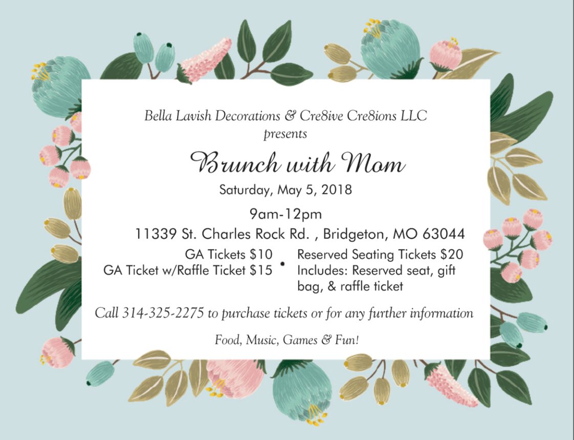 CCre8ionsllc's tweet photo. Get your tickets today! #HonoringMothers #LovingMothers #Raffles #Games #LiveMusic #Brunch #Fun #Stlevents #LoveWhatWeDo #stleventplanning #Stleventplanner https://t.co/rlGeL1F6tm