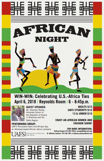 UAFSOIR's tweet photo. Make sure to participate in the African Night happening tomorrow at 6:00 pm in the Reynolds Room. https://t.co/PAGl1qCf54