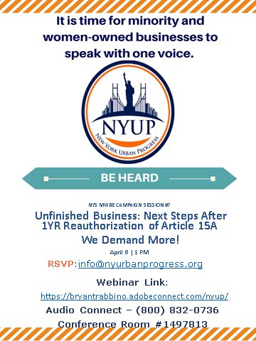 NYUrbanProgress's tweet photo. TOMORROW PLEASE JOIN US!
NYUP  Webinar Series Session #7 - Friday, April 6 @1 
Topic: Unfinished Business - NEXT STEPS 1 Year Reauthorization of Article 15A
 WE DEMAND MORE! Attorney Advertisement Live Link to Meeting: https://t.co/d8N1zqPwyJ  Conference : 800-832-0736 Rm#1497813 https://t.co/ydl3nPBf5E