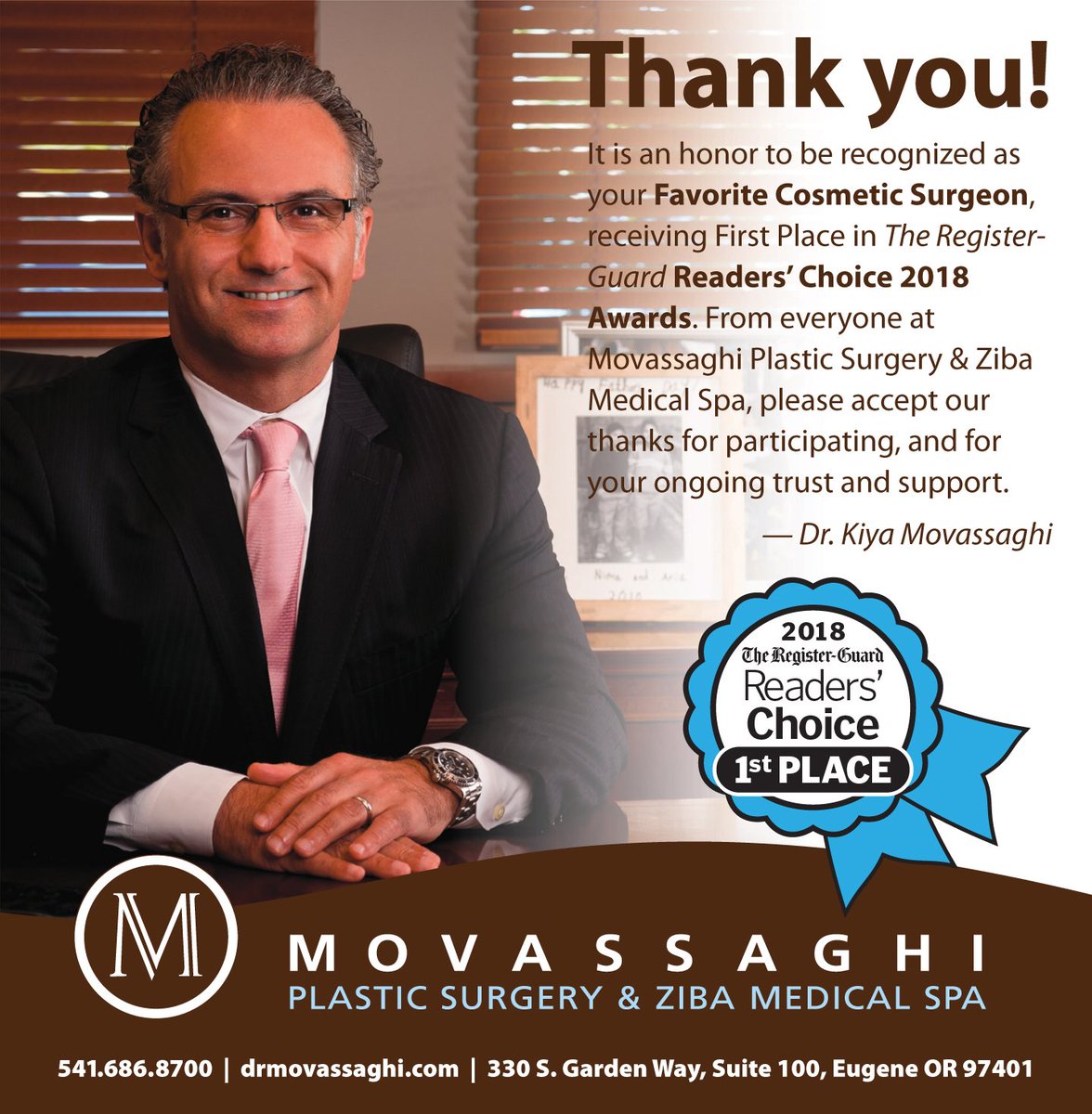 My team and I are honored to have been voted Eugene's Favorite Cosmetic Surgeon in the <a href="/RegisterGuard/">The Register-Guard</a> Readers' Choice Awards. Thank you for your continued support! #ReadersChoiceAwards #CosmeticSurgeon #EugeneOregon