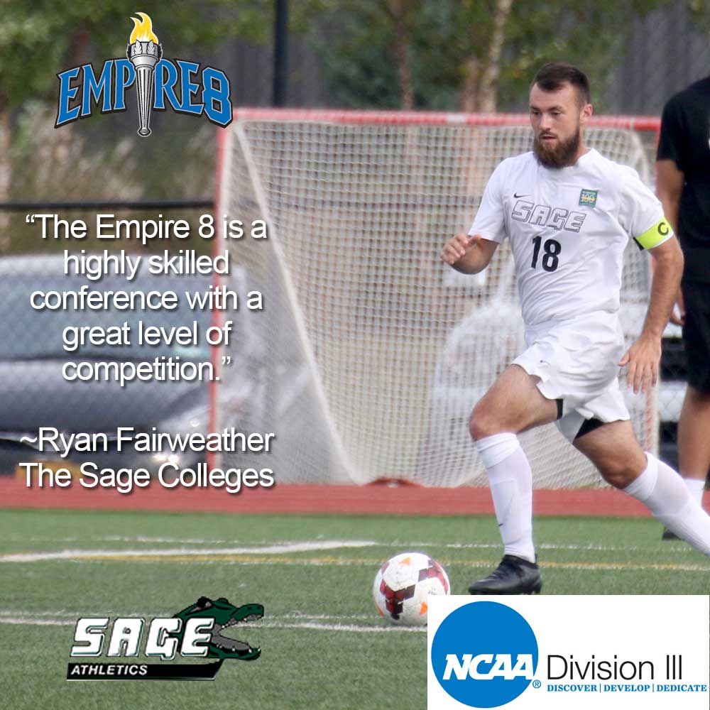 Empire8's tweet photo. . @SageGators men's soccer student-athlete Ryan Fairweather shares what it means to compete in the #E8 and @NCAADIII. #D3week #whyD3 https://t.co/71iJSyxKG3