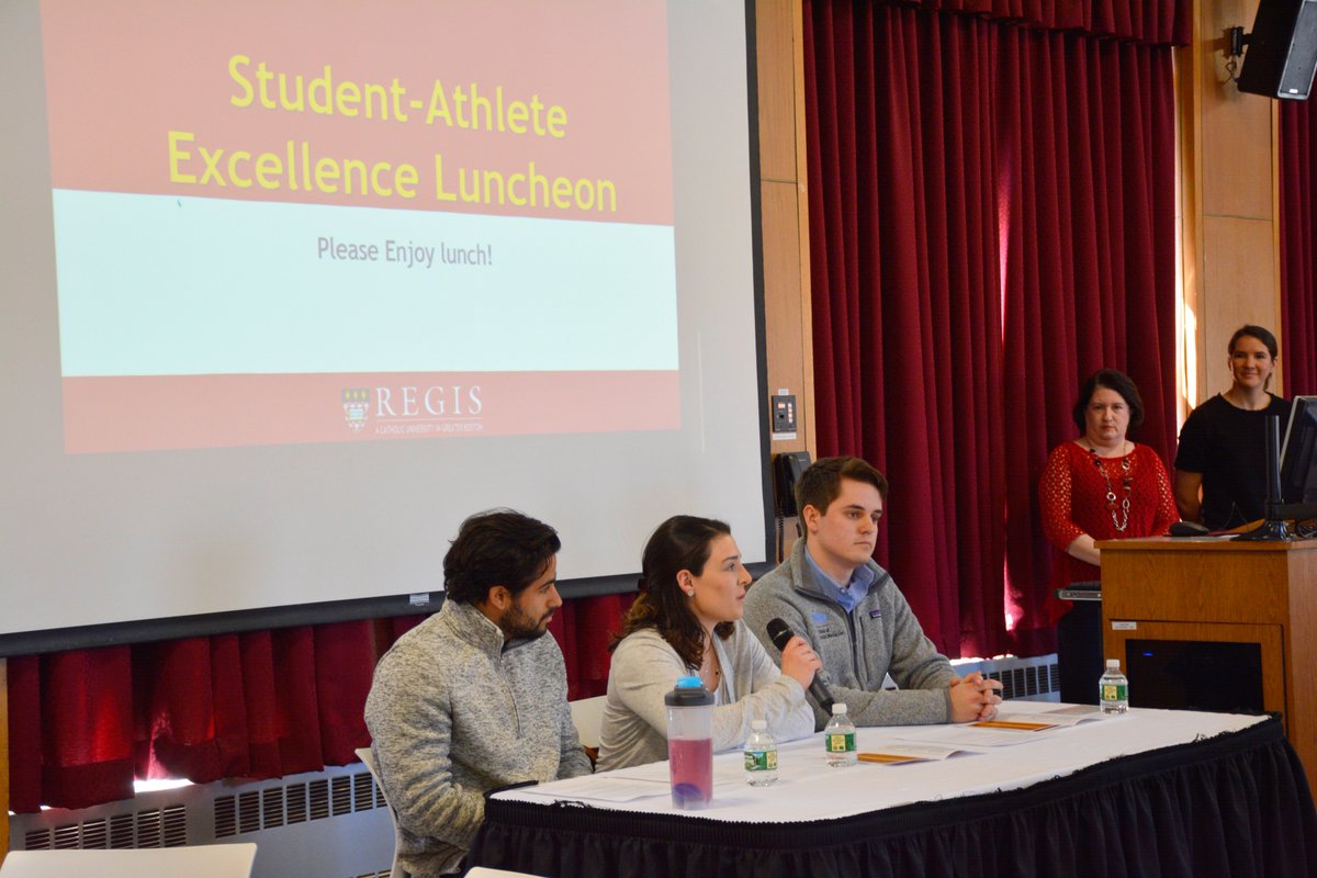 RegisCollege_MA's tweet photo. Congratulations to the scholar-athletes honored at today's luncheon for academic success! Attendees enjoyed a Q&amp;A with @goregispride young alumni including Renato Rosas, @RegisMSOC asst coach, Samantha Salamone, a @MersiEyeCenter nurse, and Michael Beluch, a @TuftsDental student! https://t.co/BThHXQendE