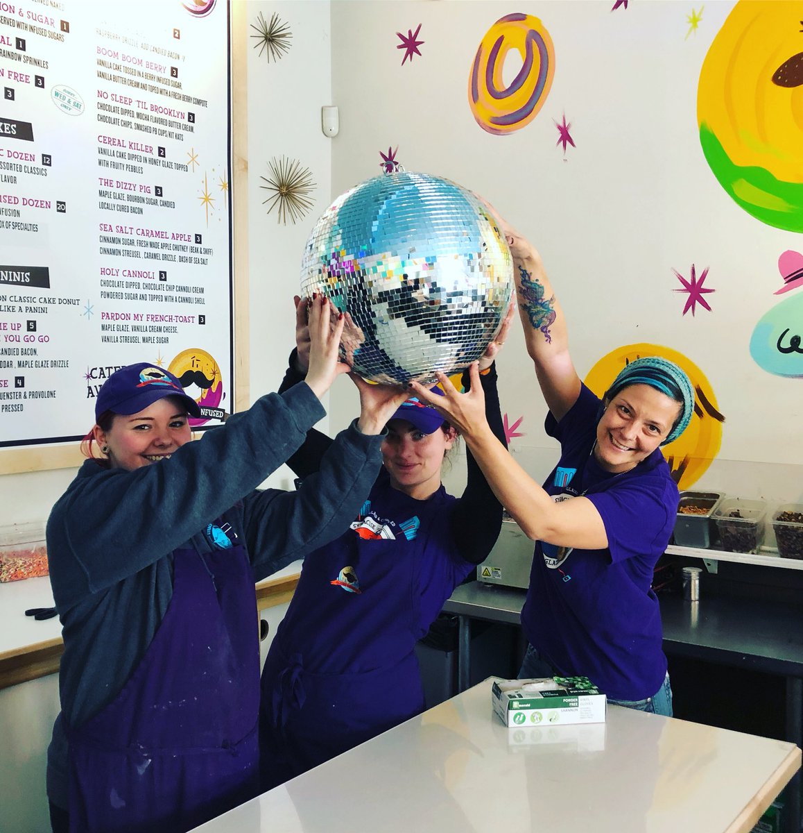 glazedsyr's tweet photo. The Disco Ball has arrived. Let the Donut party begin. #donuts #glazedsyr #syracuse #discodonuts #dizzypig #donutfun https://t.co/xUTdDGzKRC
