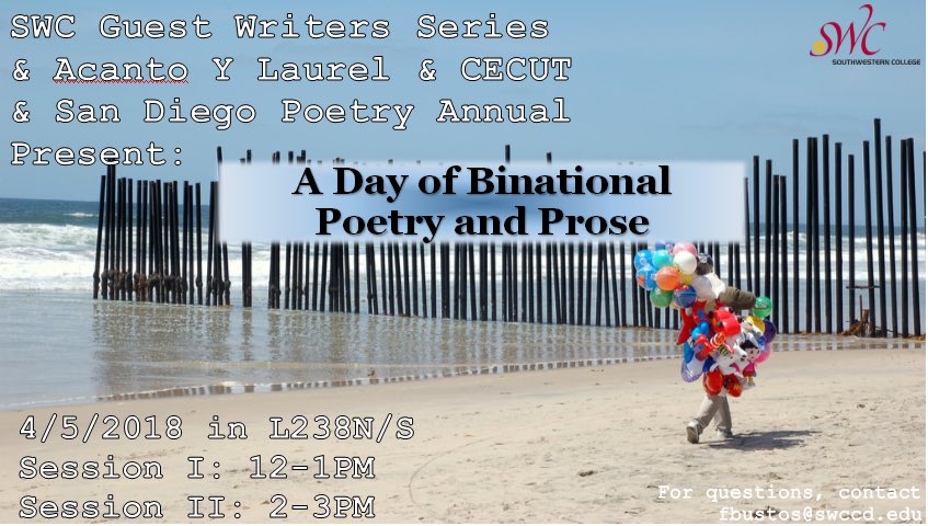 Palestine_Rules's tweet photo. ‘A Day of Binational Poetry and Prose’ to continue the Guest Writers Series in RM L238 TODAY! 
•Session 1: 12-1pm// Presenting works of the San Diego Poetry Annual ‘Vortex’
•Session 2: 2-3pm// Presenting poetry and prose in unison with CECUT Tijuana and Acanto y Laurel. https://t.co/muz9pQ1mN2