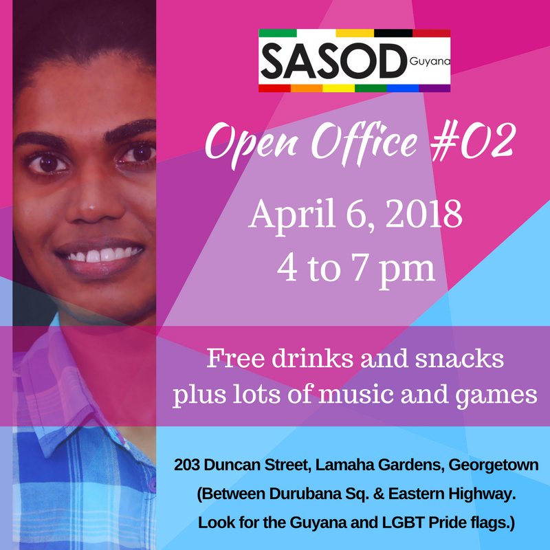 SASODGuyana's tweet photo. OPEN OFFICE #O2 is tomorrow, Friday, April 6 from 4 to 7 PM. Come out and enjoy free #drinks and #snacks, plus there's always lots of #music and #games including #Twister, #Taboo, #dominoes and much more!
#SASOD #Guyana #OpenOffice #LinkUp #AfterWorkLime #LGBT #OneLove https://t.co/JoYgwnm2Ne