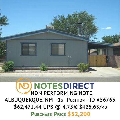 NotesDirect's tweet photo. ALBUQUERQUE, NM - 1st Position Non-Performing Note 
Original Note Date 05/11/2006
$62,471.44 UPB @ 4.75% $425.63/mo 
$87,000 BPO July 2016
Purchase Price: $52,200

For details please visit https://t.co/XFaDV8lPgp ID #56765
#NoteInvesting #NoteBuying #REInvesting https://t.co/pC0tnJ5yJ8