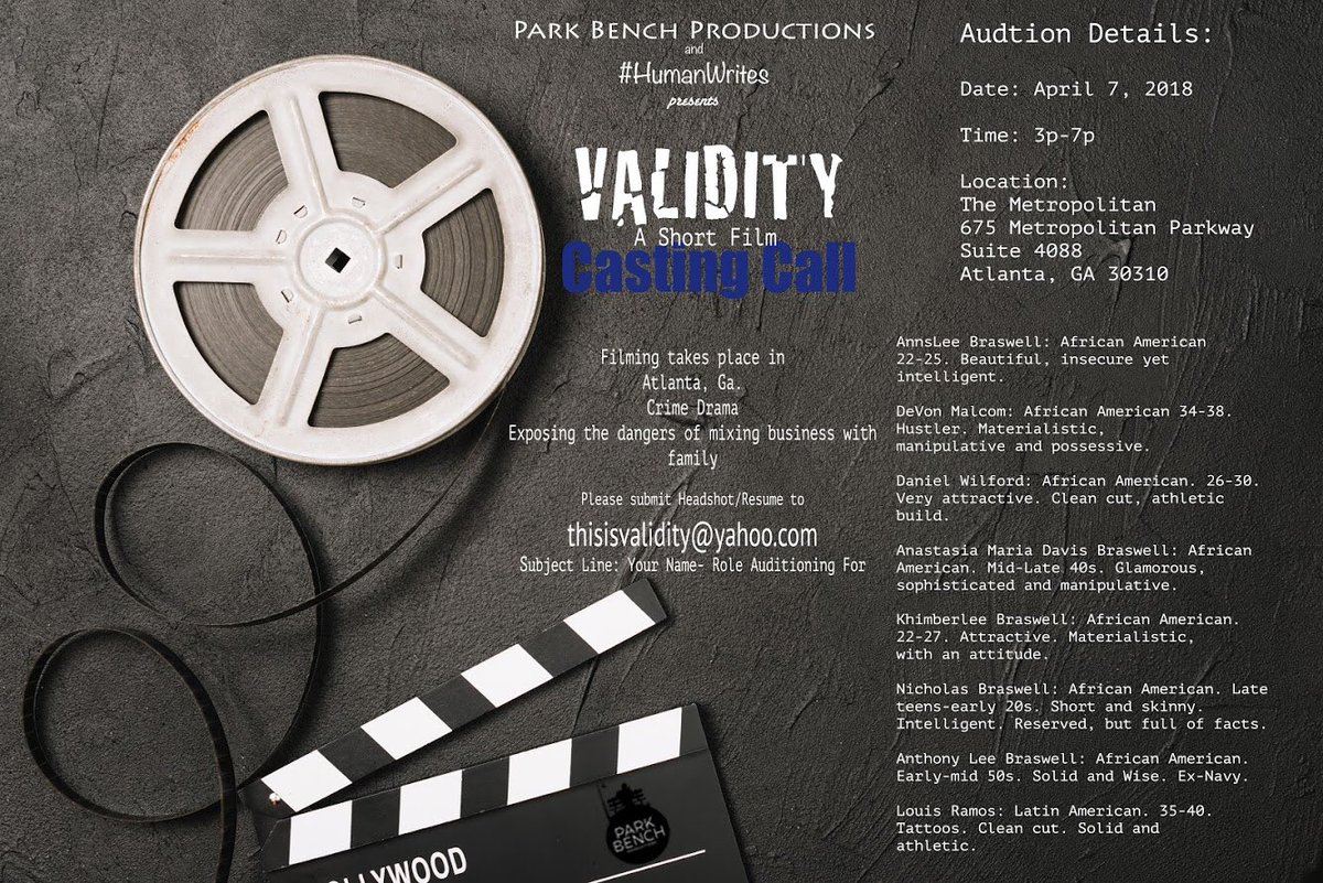 ParkBenchProdGA's tweet image. Saturday 4/7/18 3-7pm @ParkBenchProdGA #CASTING #castingcall #castingcallatlanta #atlantaactors #parkbenchproductions
