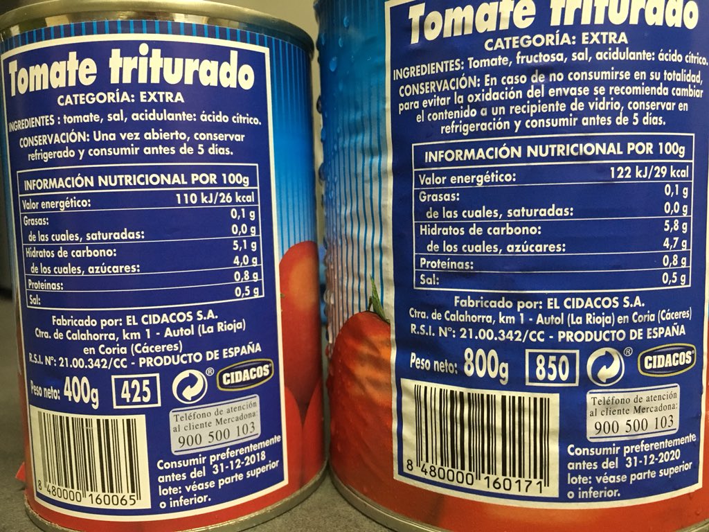 Ladymaizena's tweet photo. Sres. de @Mercadona, por qué el mismo producto (tomate triturado), elaborado por la misma empresa, en su envase más grande, lleva fructosa? Gracias https://t.co/6XF5ZyPeLQ