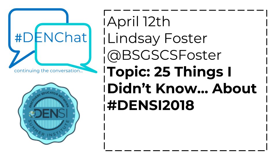 LFTechTeach's tweet photo. #DENChat Join me @BSGSCSFoster next week if you are #DENSI2018 bound or #NotAtDENSI We're going to use #SpotlightOnStrategies #25Things to learn, share and connect about the greatest PD! @DiscoveryEd https://t.co/K570SzKdTG
