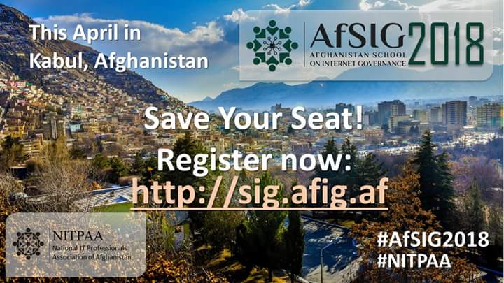 nitpaafg's tweet photo. Hurry up, get registered and Save your Seat Now! 
@nitpaafg is delighted to announce the second version of #Afghanistan School of #Internet Governance (#AfSIG2018) to be organized this April in Kabul, Afghanistan. 
#NITPAA @ICANNAtLarge https://t.co/ywiHPR5zGQ