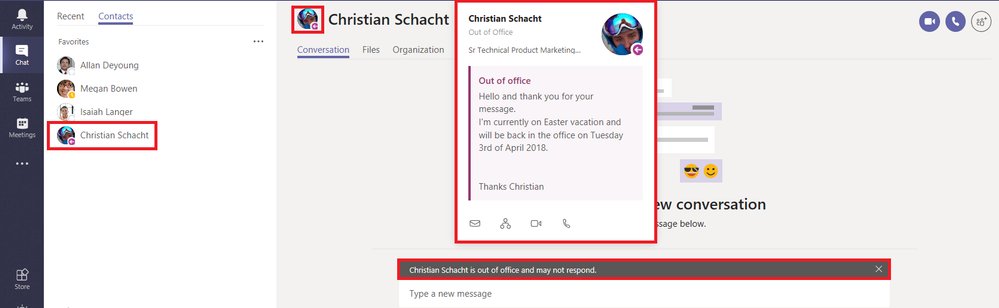 MicrosoftTeams's tweet image. What’s new in Microsoft Teams – April update! 
-Guest access
-Unified Presence
-Out of office message
-Interop with Persistent Chat
-Support for new languages
-Retention policies
-Mobile Updates
 ... and much more! 
msft.social/D3ZYw7