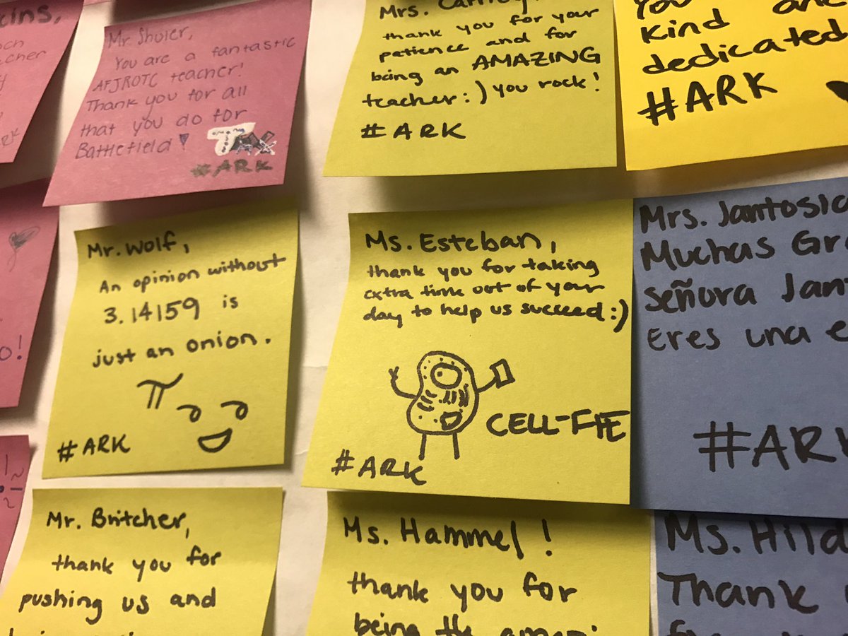 battlefieldARK's tweet photo. ARK club is celebrating teacher appreciation week early! Teachers, look for the ARK poster in the commons and feel free to take a personalized sticky note!!! #ARKtivity https://t.co/8hjrIa9LEx