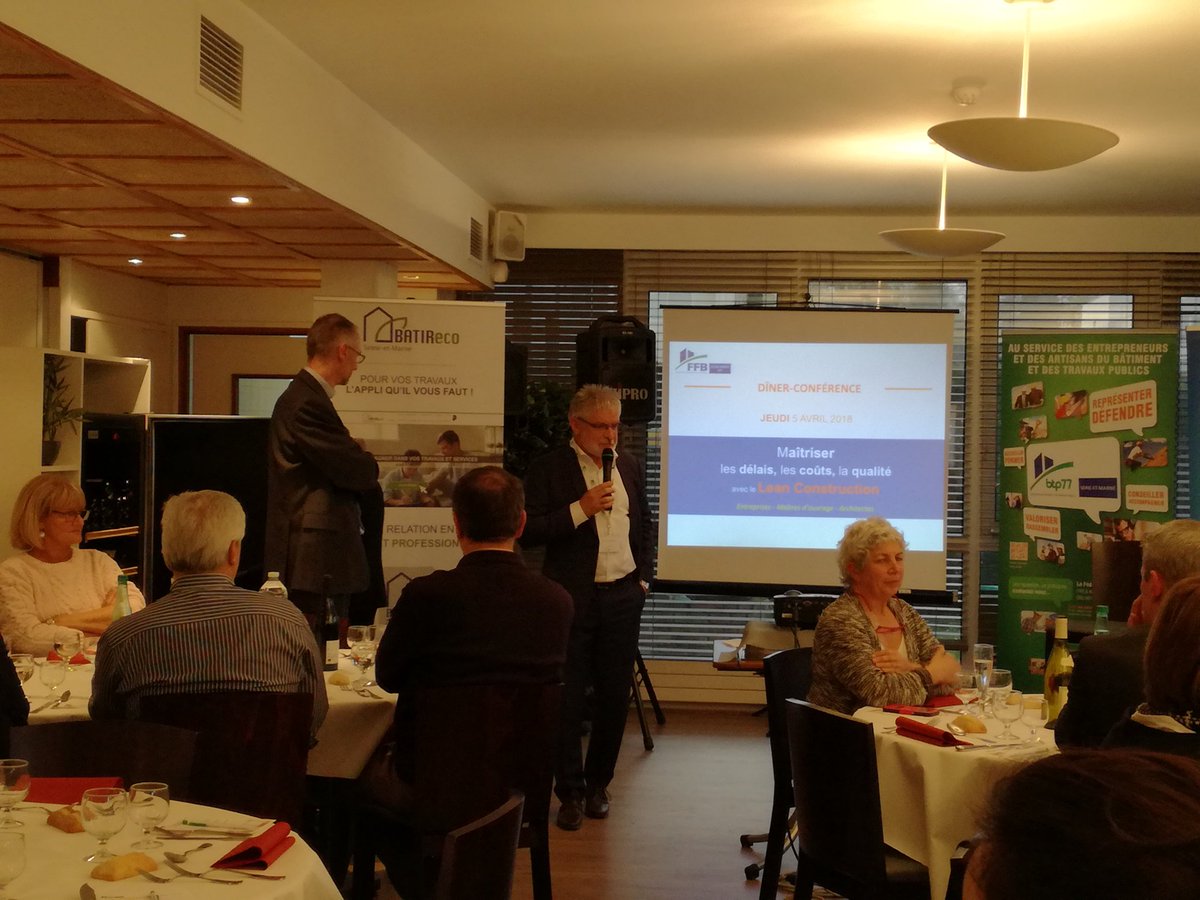 C_GRUN_OPPBTP's tweet photo. @BTP_77 engagée en #prévention parle de #lean construction lors d´un dîner conférence. @preventionbtp https://t.co/dgAqq7iF20