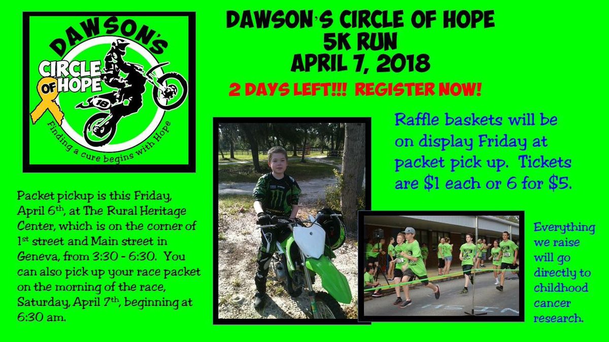 DawsonsHope's tweet photo. 2 days left!  We run for a cure on Saturday, April 7th at 8:00 am.  Come early and enjoy complimentary hot chocolate, coffee, and donuts.  Stay late and enjoy the ENORMOUS basket raffle!  Register now at:
https://t.co/oYF9y0qygp https://t.co/kJB9vLa8zY