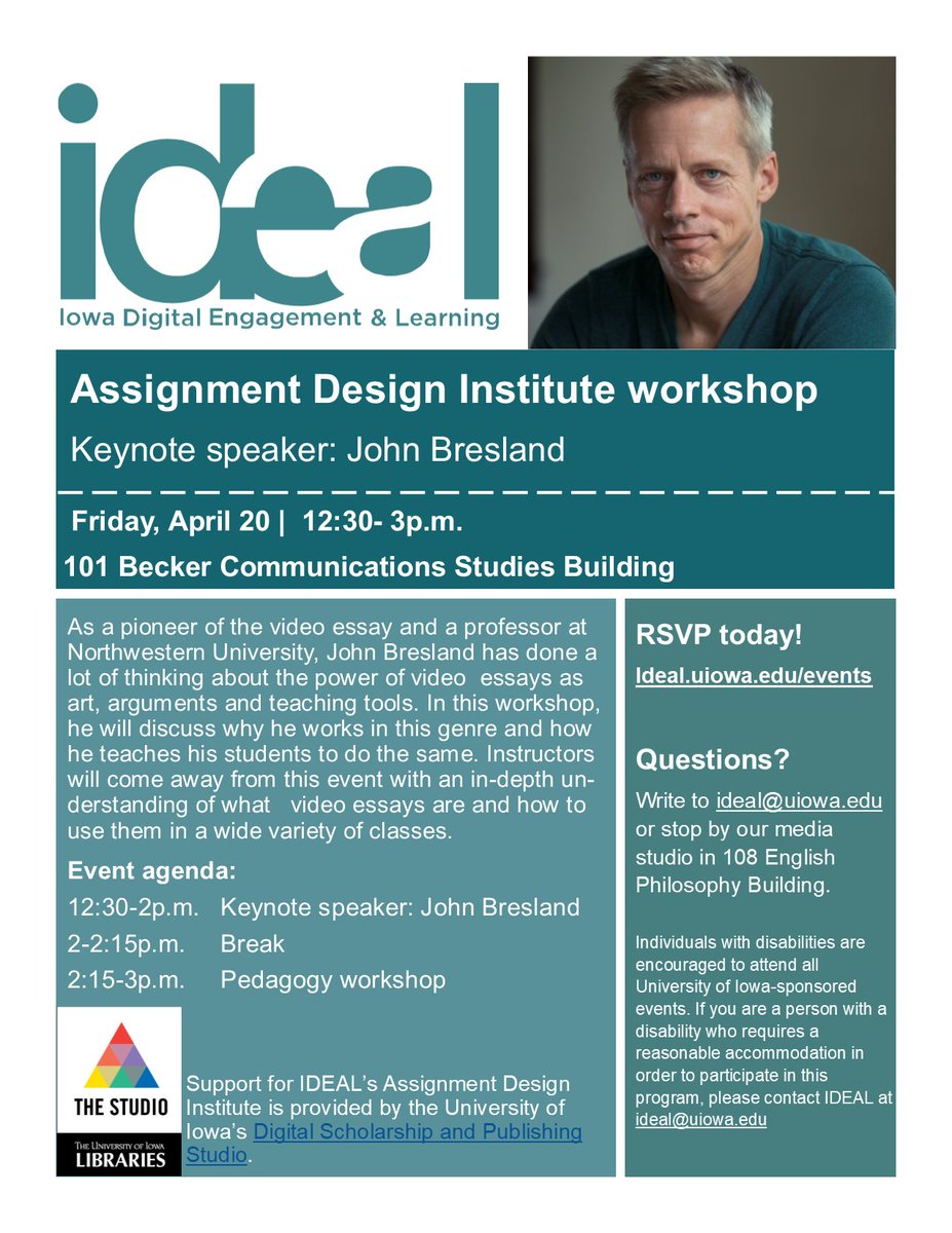 idealinitiative's tweet photo. Did you hear? University of Iowa alumnus, John Bresland, will be on campus Friday, April 20! John will discuss video essays and how to successfully implement them into your syllabus. For more information, and to RSVP for the event, please visit our website https://t.co/rpRrbzGtzc https://t.co/yTysfgBt4H