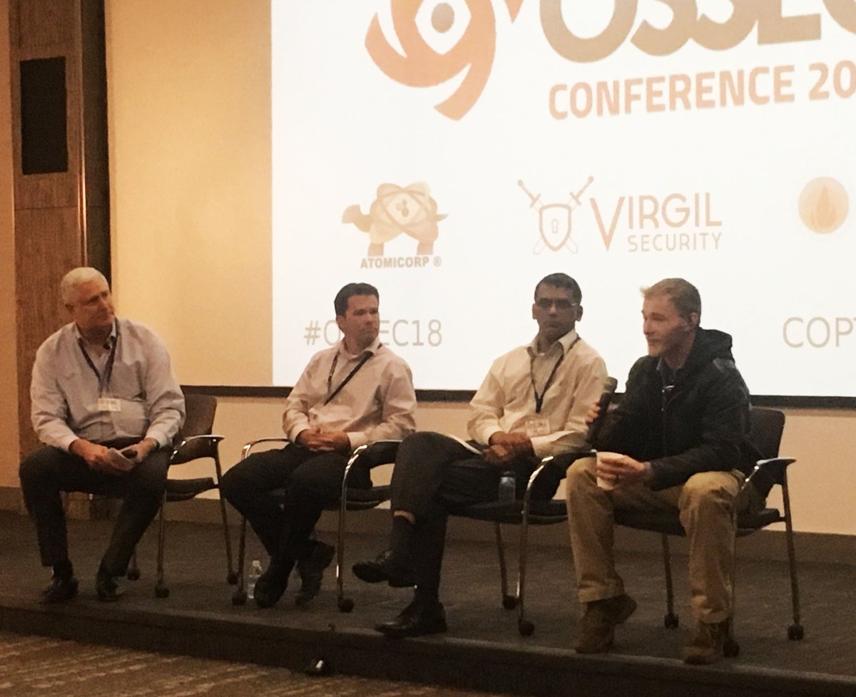 atomicorp's tweet photo. Talking #ossec and #HIPPA compliance with an all-star panel from @shimadzumedical @CoalfireSys and Semper Victus #OSSEC18 https://t.co/2nZennM36D