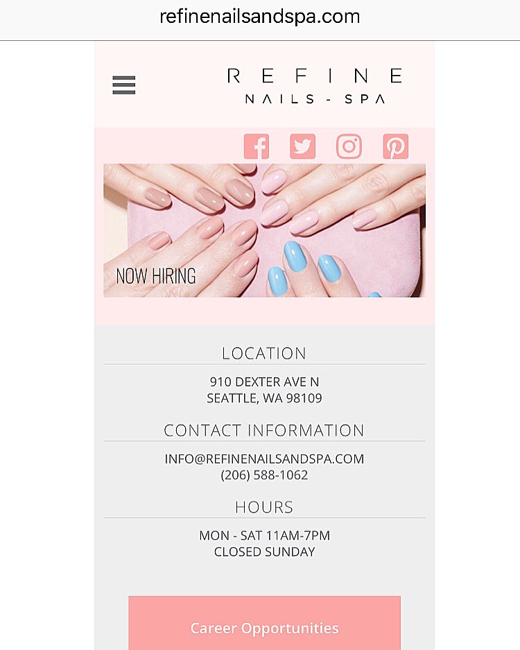 salonrefine's tweet photo. CHECK OUT https://t.co/PxvbkPqs5V FOR CAREER OPPORTUNITIES 
Web designer- Andrew Crawley 
#websitelaunch 
#refinenailandspa
#careeropportunities 
#applynow
#jobsearch
#openingjune2018
#frontdesk
#nailtechnicians 
#seekingnailtechs
#sparoom
#sparoomrental
#masterestheticians https://t.co/mIdpXxxHai
