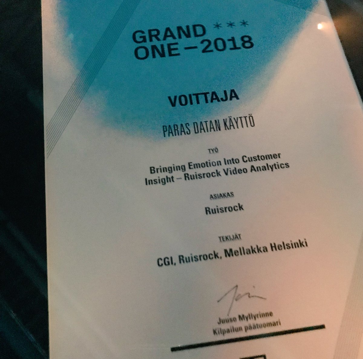 CGI_FI's tweet photo. #CGInext’in huikea @RuisrockTurku #videoanalytiikka -case voitti juuri Paras #data’n käyttö kategorian @grandonefinland #grandone’ssa!!! Ihan Huikeeta!!! https://t.co/E4sgdenoaO